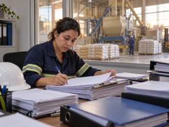Responsável pela qualidade confere uma pilha de formulários de POP na fábrica de ração, sobre a mesa do escritório da unidade
